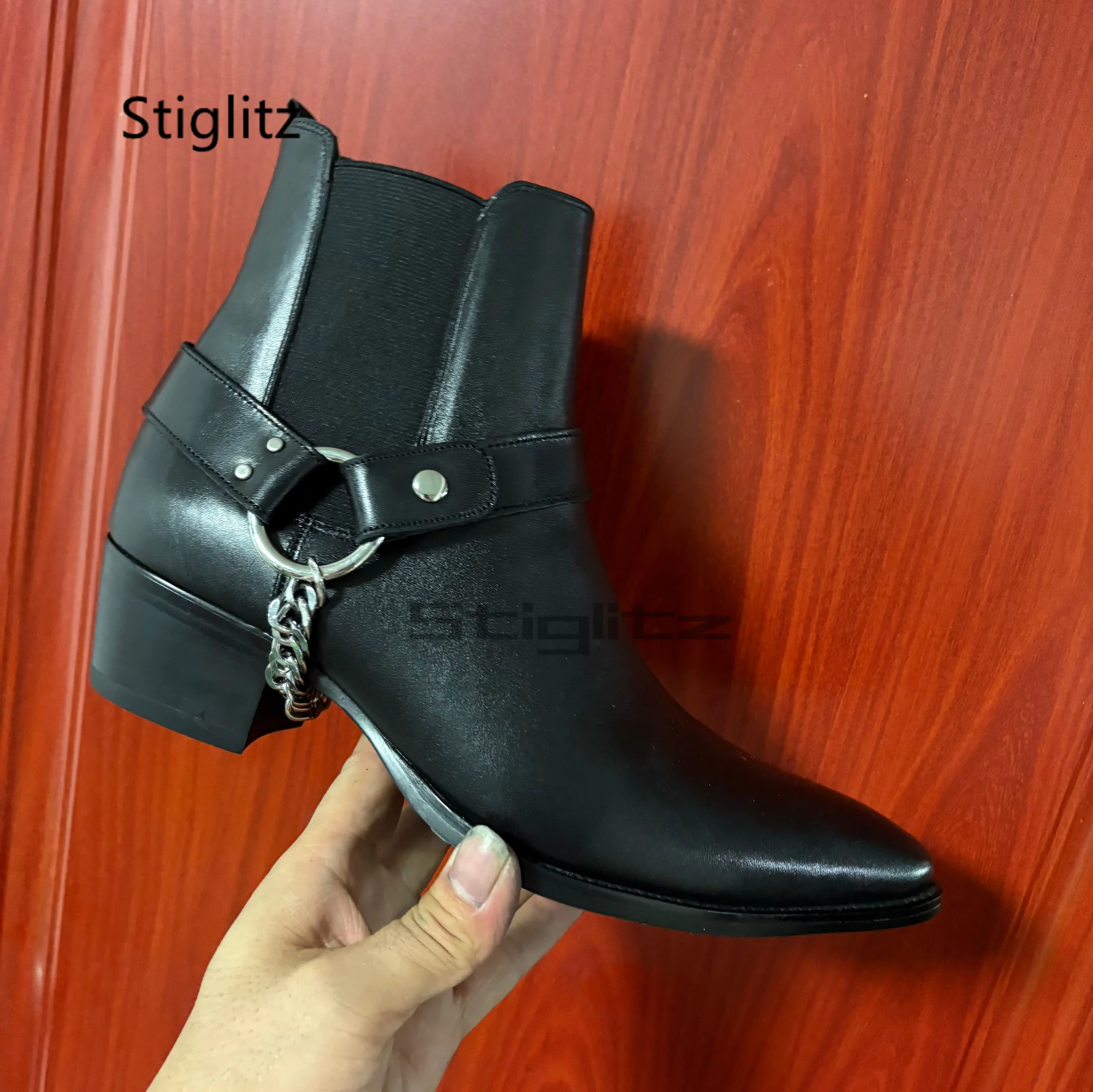 

Men's Classic High Heels Chelsea Boots Genuine Leather Chain Buckle Strap Ankle Boots British Style Short Casual Business Shoes