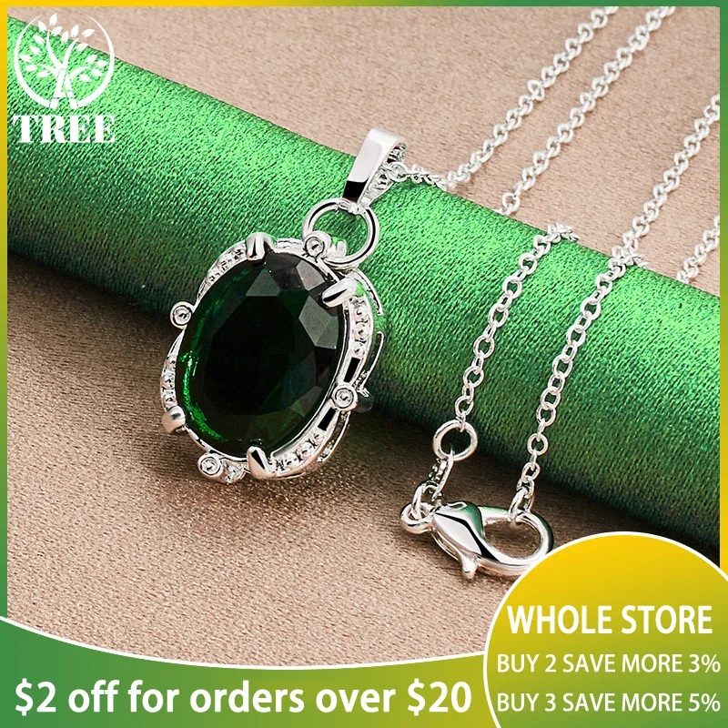 

ALITREE 925 Sterling Silver Necklaces Big Green Zircon Crystal Pendant Necklace Women Neck Chain Fashion Party Wedding Jewelry