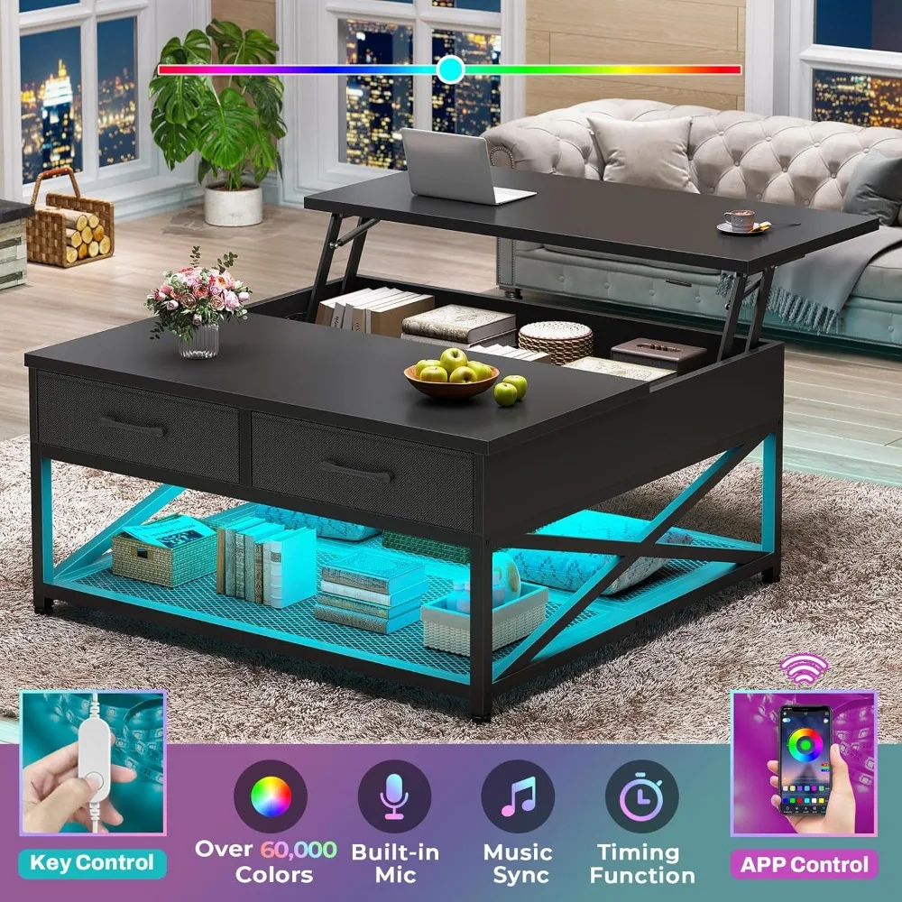 طاولة قهوة قابلة للرفع 31.5 مع مساحة تخزين، طاولات قهوة مربعة لغرفة المعيشة، طاولة قهوة مع درجين من القماش وكبيرة #6