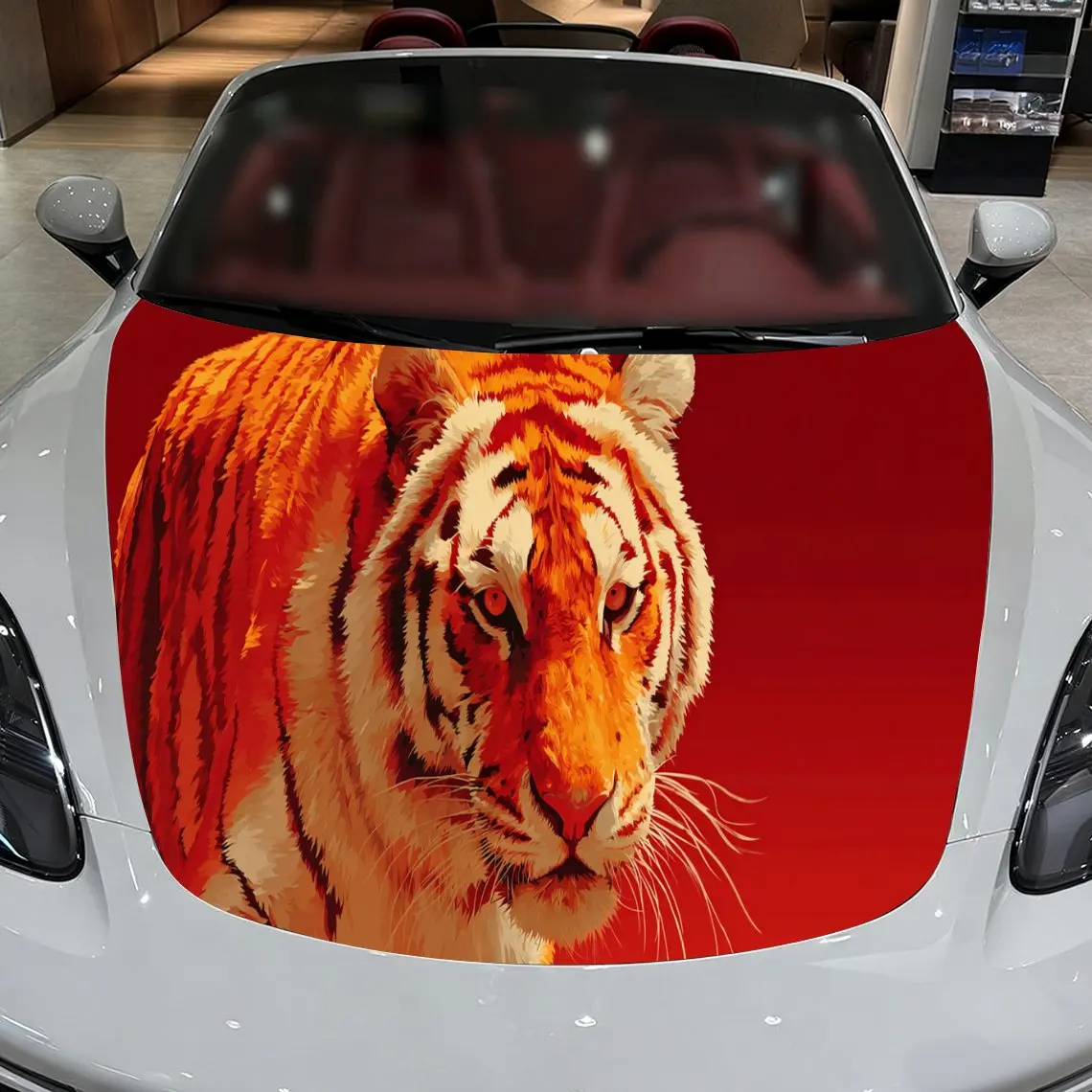 Striking Red Tiger Car Hood Stickers - Self-Adhesive, Waterproof and Durable Vinyl Wrap, Decorate And Protect Your Car - The Gif
