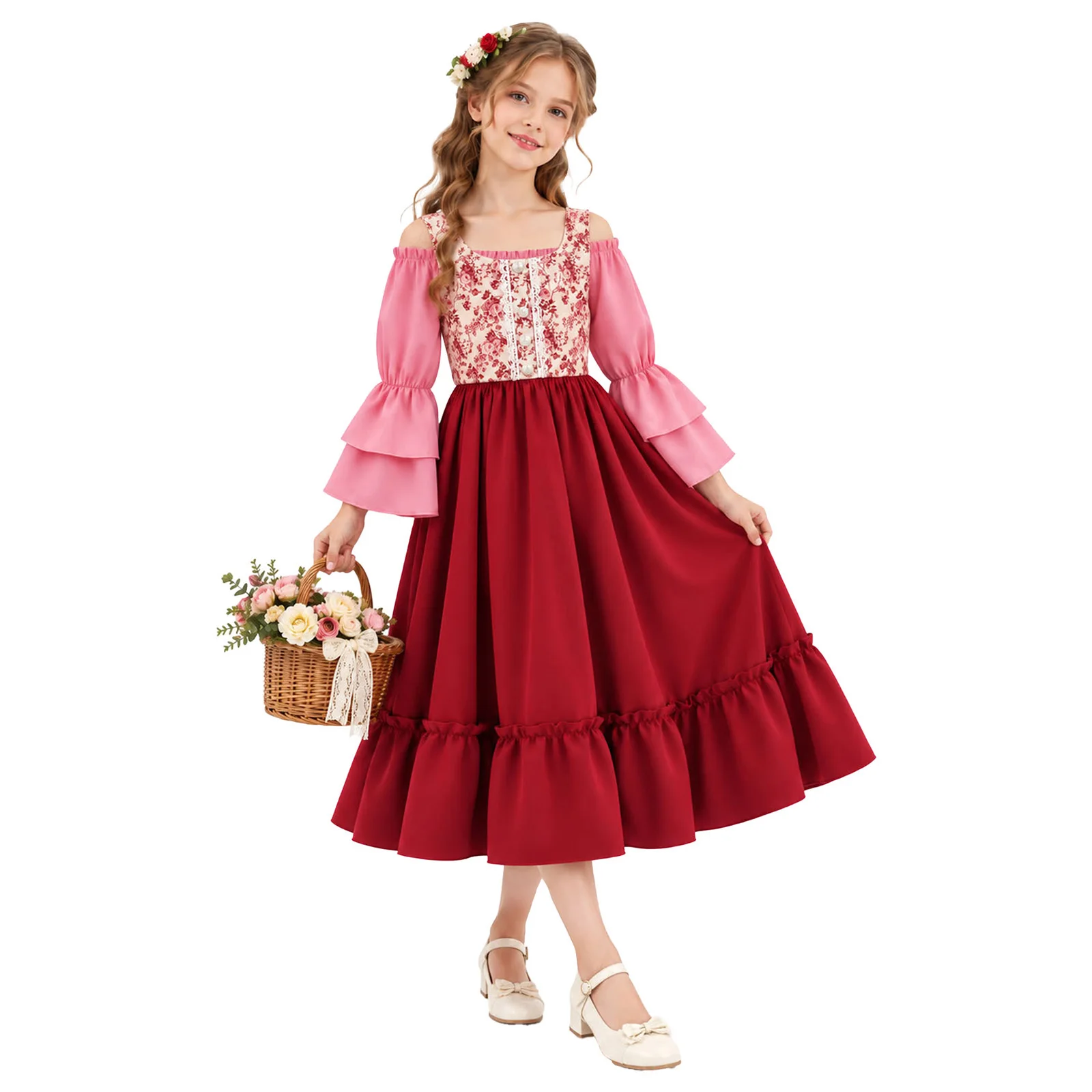 Kids Girls Renaissance Medieval Costume Irish Victorian Vintage Halloween Cosplay Ruffled Sleeve Dress+Vest Retro Fancy Dress Up