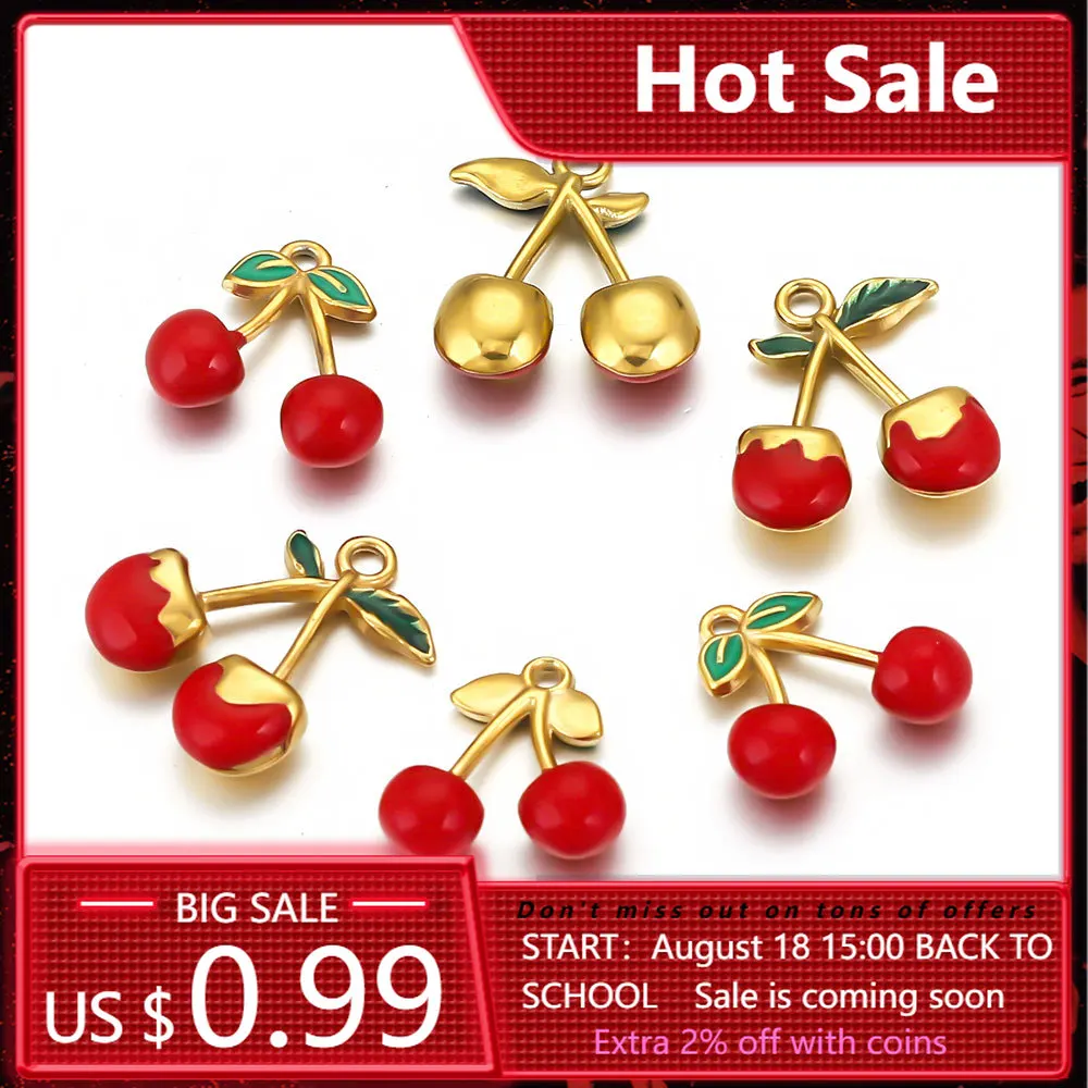 

5pcs/lot Stainless Steel Cherry Charm Enamel Gold-plated for DIY Necklace Earring Jewelry Making Accessories Materials Wholesale