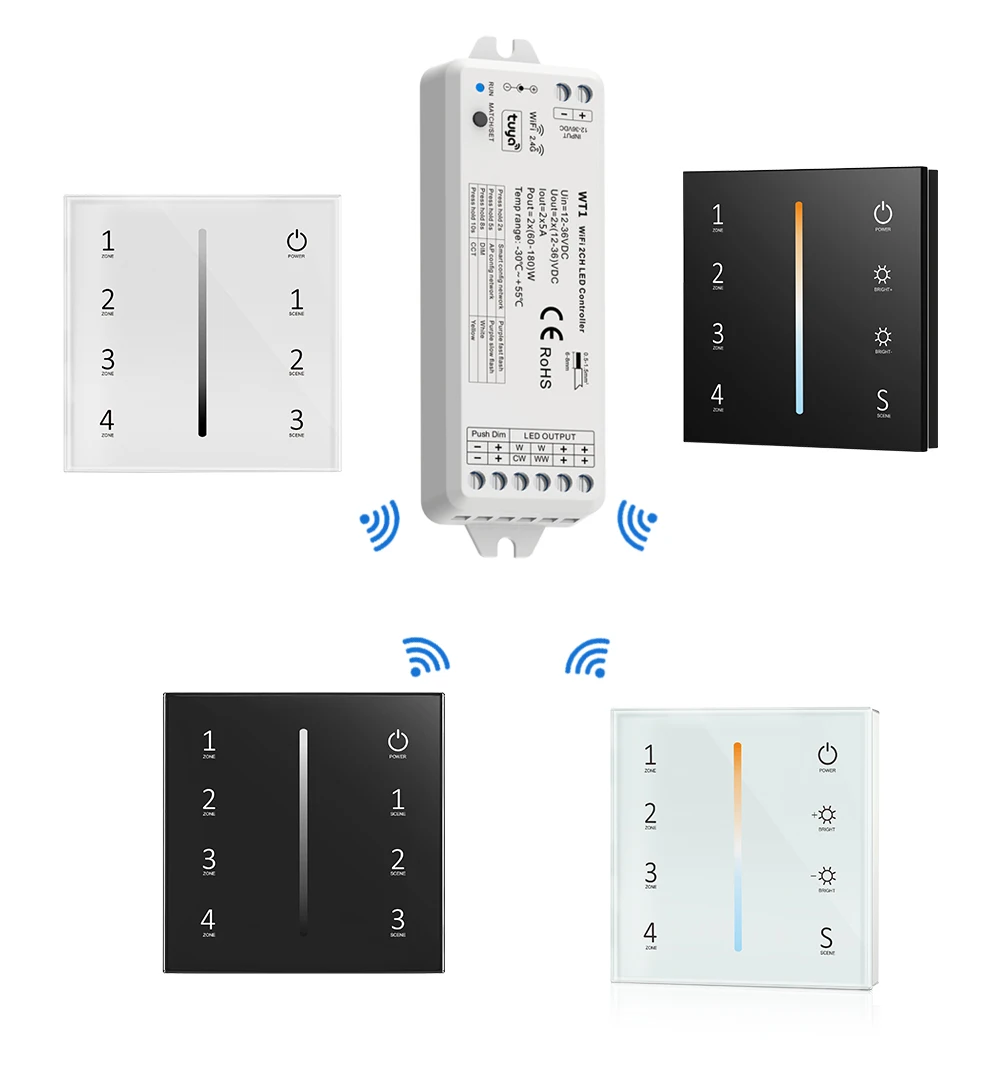 Wt1 tuya led controlador 12v 24v 4 zona painel de toque parede dimmer sem fio inteligente wifi rf remoto para cor única cct led luz tira