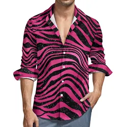 Male Shirt Tiger Print Casual Shirts Long Sleeve Bright Pink Black Stripes Stylish Blouse Spring Loose Graphic Oversized Clothes