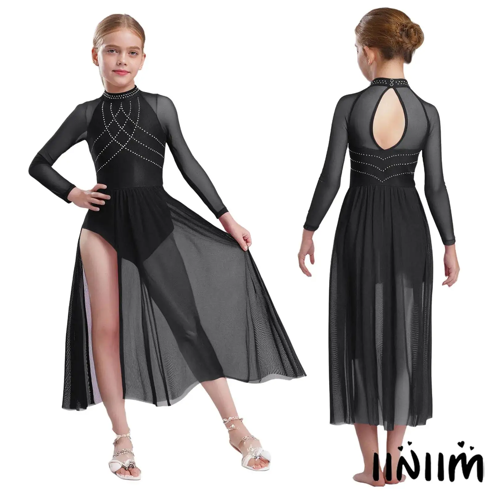 

Kids Girl Figure Skating Dance Dress Sleeveless Mock Neck Cutout Back Side Split Asymmetrical Hem Sparkly Rhinestone Dresses