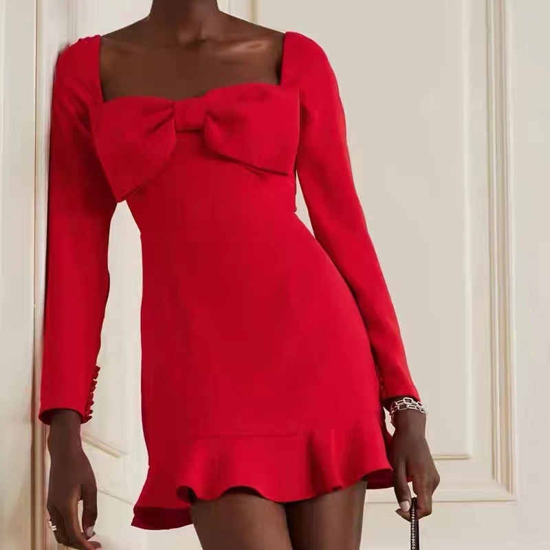 Women Square neck temperament red dress Big Bowknot slim elegant mini dress