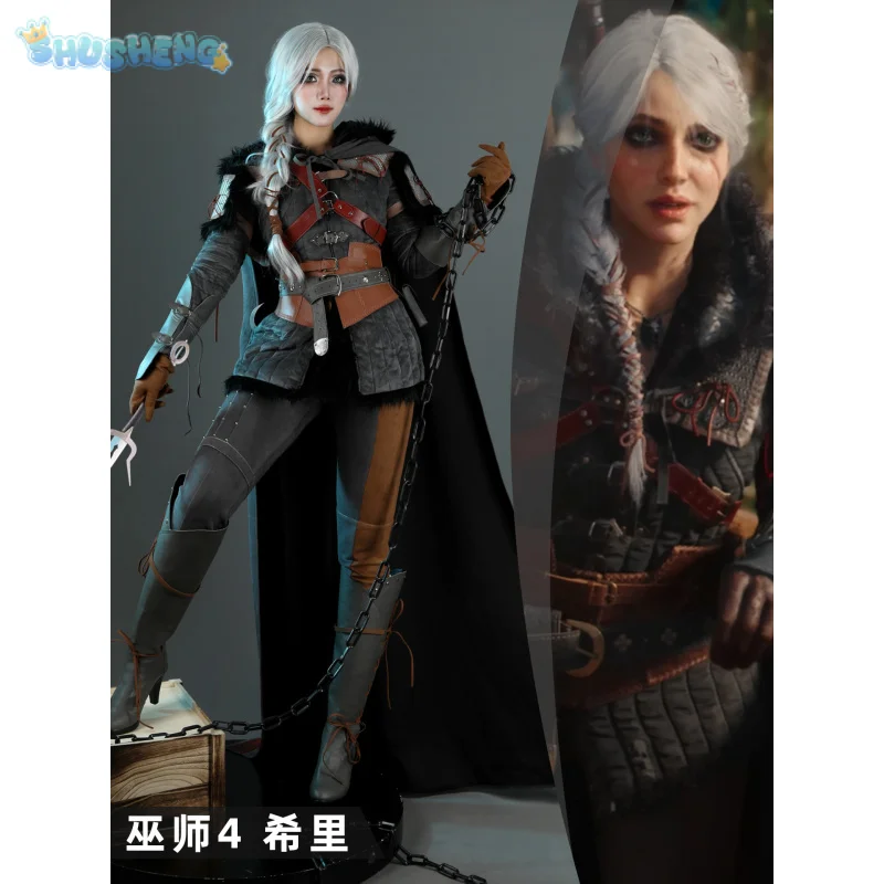 Disfraz de Ciri para mujer, disfraz de Cirilla Fiona Elen Riannon Witcher 4, capa de caza salvaje, zapatos, armadura de hombro, accesorio de fantasía para Halloween