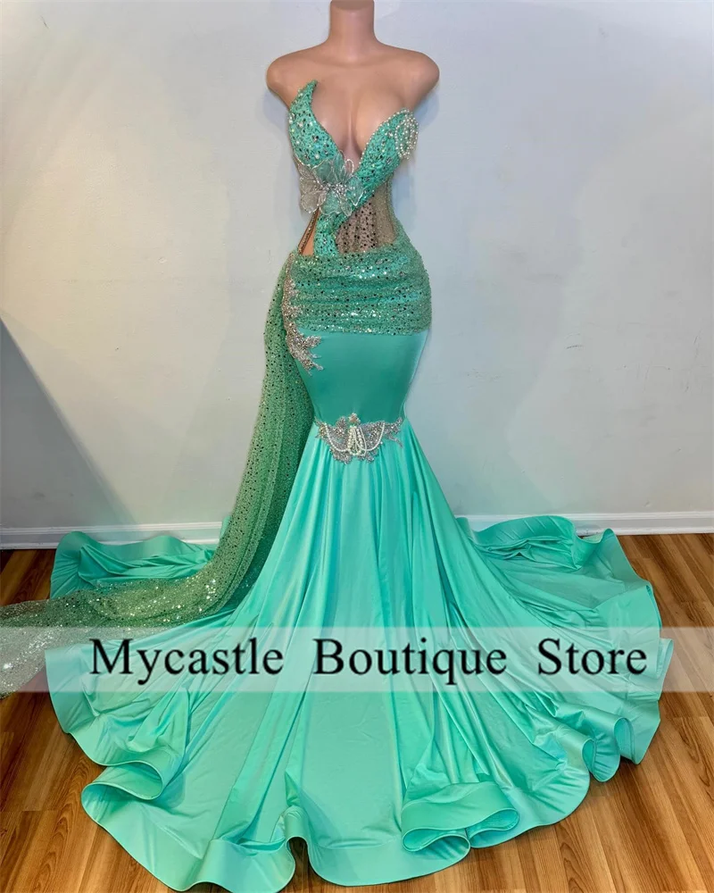 Elegant Turquoise Diamond Long Prom Dresses For Black Girls 2025 Beaded Appliques Birthday Party Dress Mermaid Evening Dresses