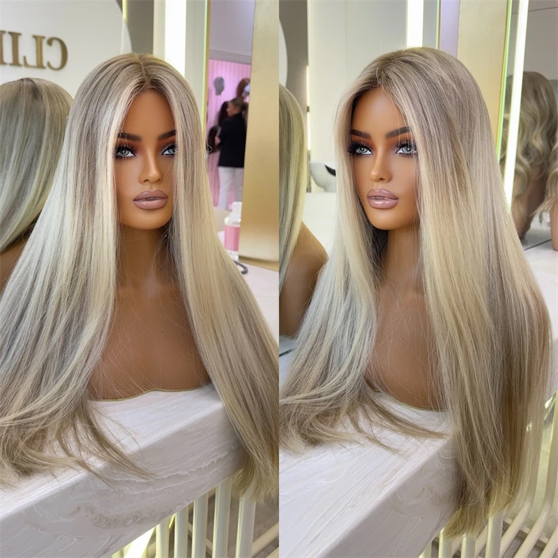 

Ombre Пепельно-русый парик спереди, предварительно выщипанные натуральные волосы, длинные прямые парики для женщин, термостойкое волокно, парик для повседневного ношения