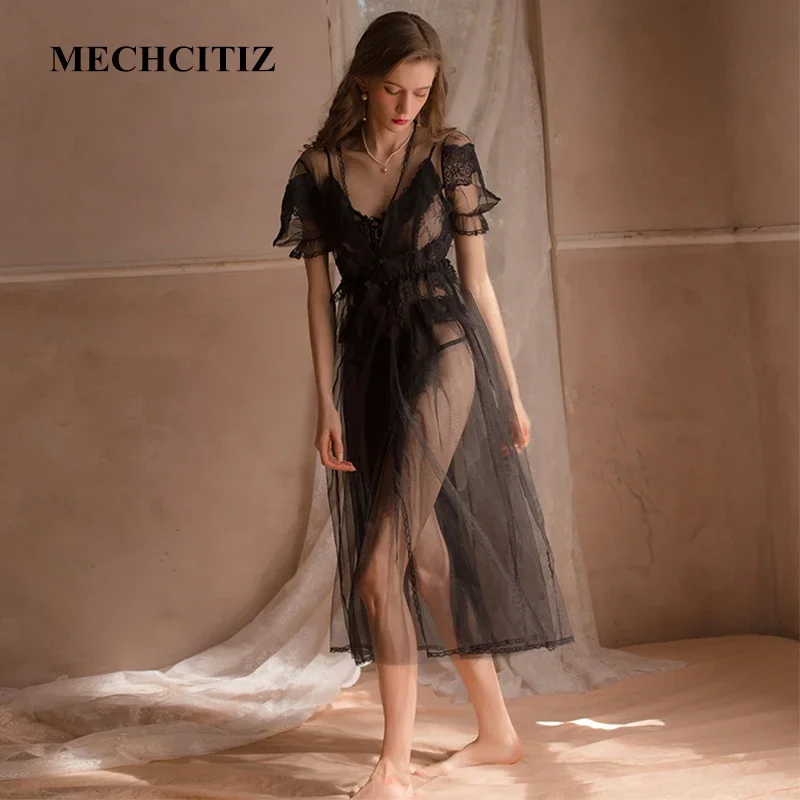 

MECHCITIZ 2 Pcs New Lace Pajamas Set Nightdress Long Bride Robe Wedding Pijama Bathrobe Female Sexy Sleepwear Women Homewear