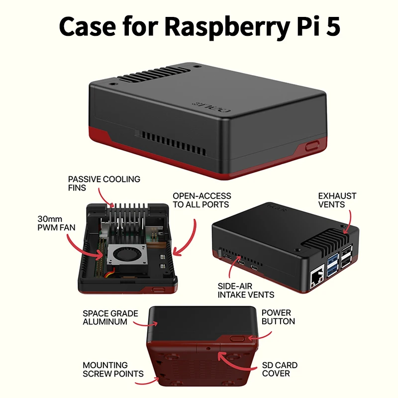 Argon-Boîtier NEO 5 pour Raspberry Pi 5, refroidissement actif passif, boîtier en aluminium, noir et rouge, ventilateur PWM 30mm pour RPi 5