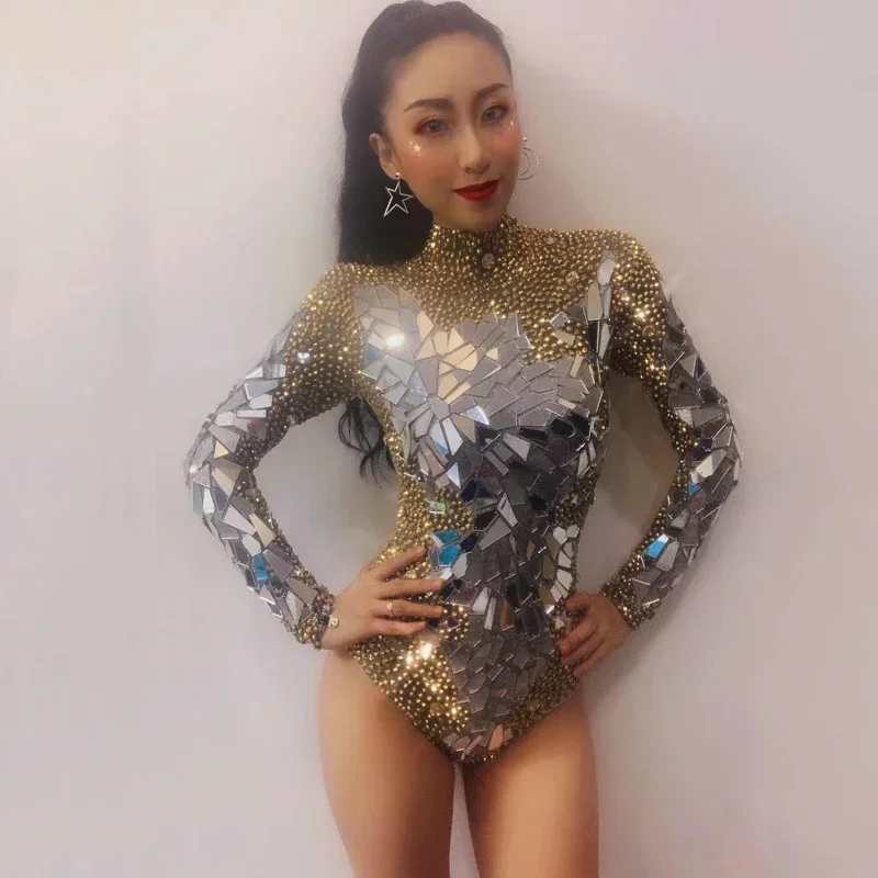 

Sparkly Gold Rhinestones Mirrors Shining Bodysuit Women Birthday Celebrity Prom Party Outfit Singer Stage Rompers Dance Costume