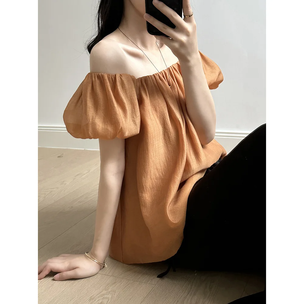 

Women Clothing Shirt French Style Gentle Off The Shoulder Doll Shirt Women 2024 Summer Chic Niche Puffy Sleeve Solid Color Shirt