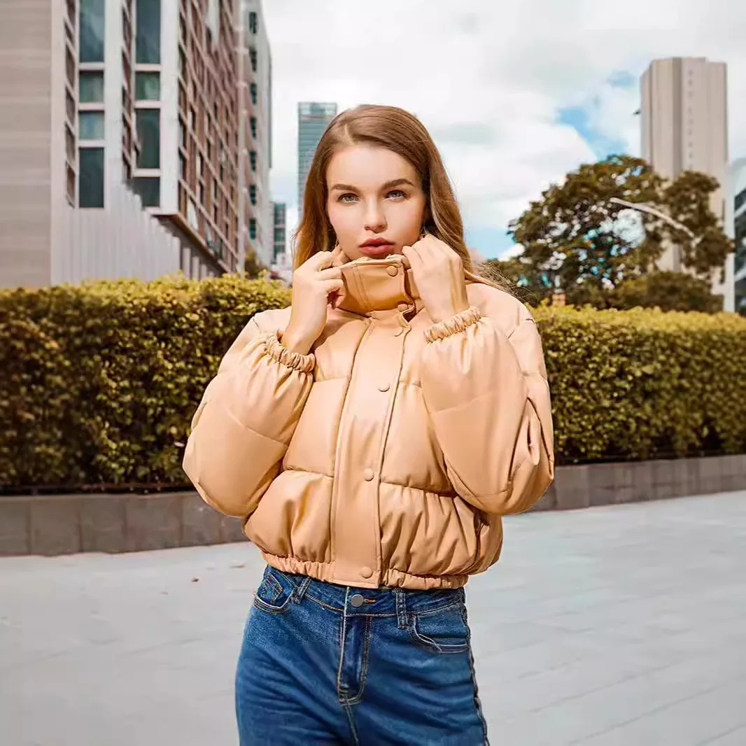 

Women's Cotton Leather Jacket Stand Collar Single Button Winter New Style 2026 Fashionable Straight Cut Long Sleeve Coat