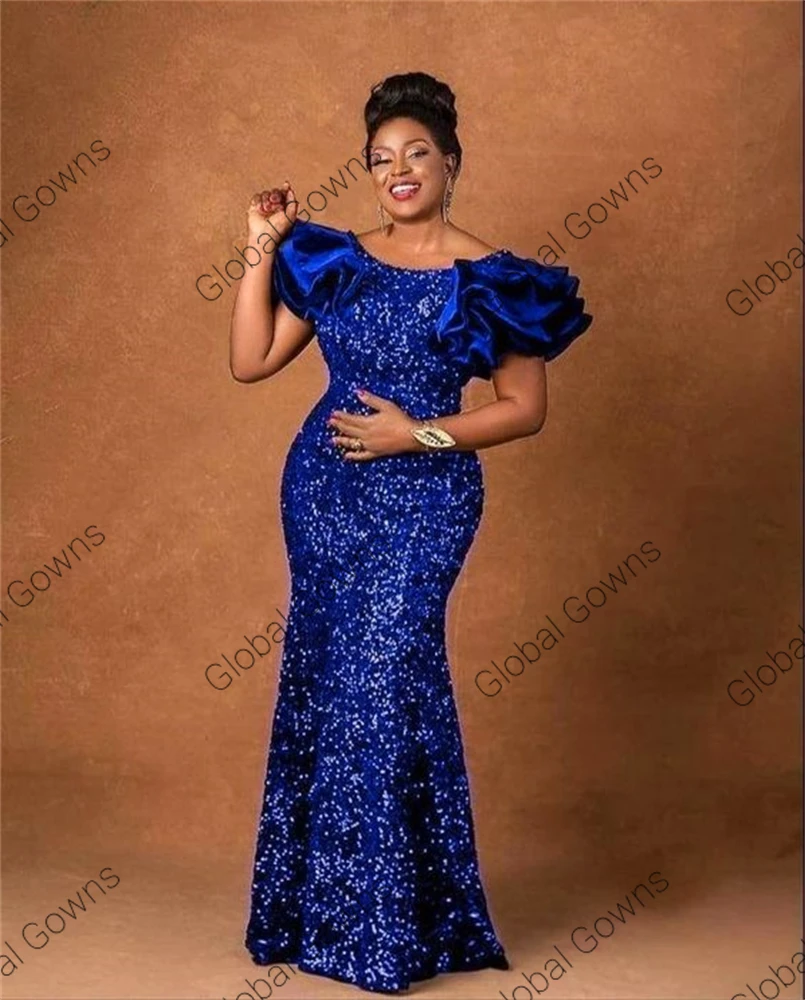Royal Blue O Neck Evening Dress For Black Girls 2023 Sparkly Sequined  Birthday Party Dresses Ruffles Aso Ebi African Robe De Bal