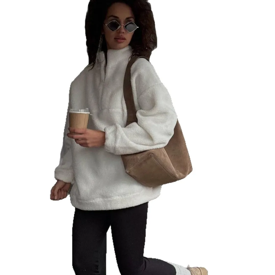 Damskie bluzy 2025 jesień zima sherpa pulower uniwersalna ciepła jednolita kolorystyka zapinana na zamek pluszowa kurtka odzież