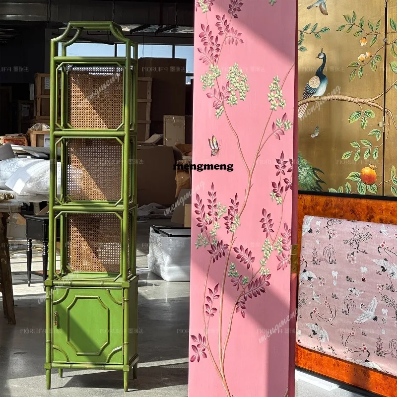 High-end French solid wood corner cabinet living room rattan rack green retro dining room display cabinet