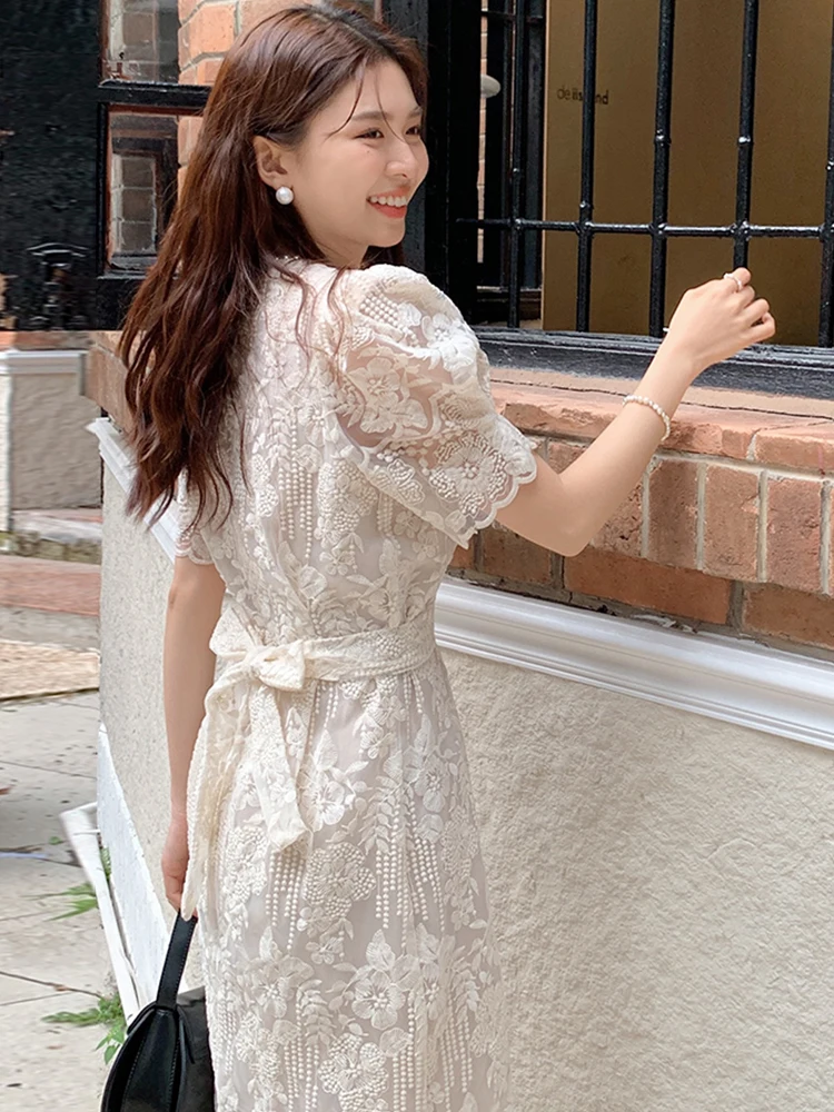Elegant Kawaii ชุดยาวผู้หญิงสวย Retro SHEER ลูกไม้เย็บปักถักร้อยแขนฟองผ้าพันคอ MIDI Robe วันที่ Vestidos วันหยุดเสื้อผ้า