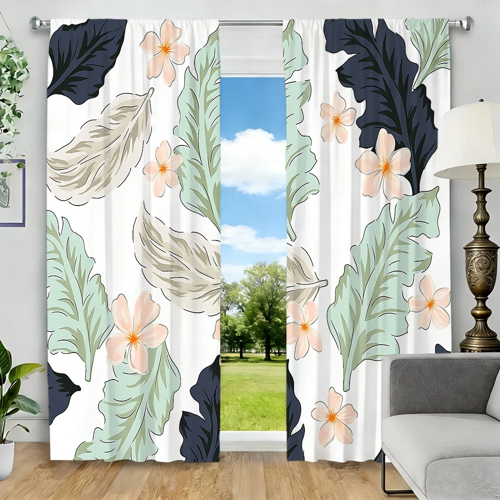 2pcs Floral Leaf Print Curtains 2D Digital Print Polyester Semi-Sheer Rod Pocket Living Room Bedroom Kitchen Decor