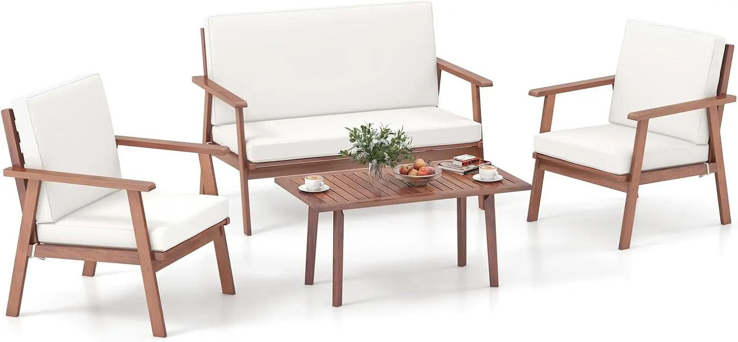 

4 Piece Outdoor Conversation Set, Acacia Wood Sofa Set with Soft Seat & Back Cushions, Rectangle Coffee Table Patio Furniture