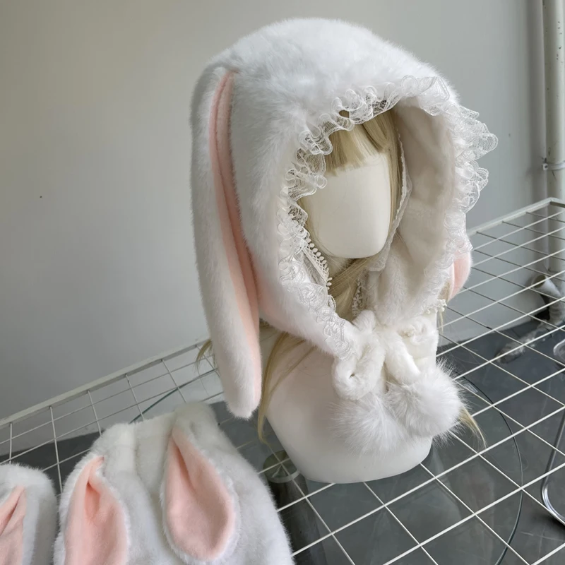 Japanese Style Girl Anime Bunny Fluffy Hat Headwear Lolita Rabbit Long Lop Ears Furry Headgear Fursuit Cosplay Performance Props