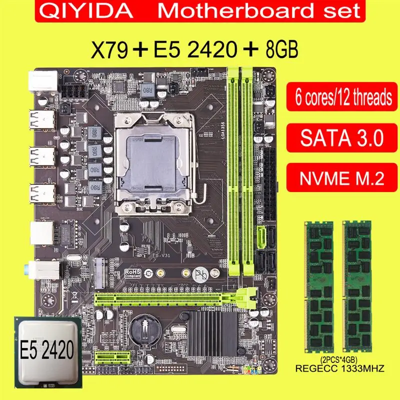 Go! X79 motherboard set with Xeon LGA 1356 E5 2420 cpu 2pcs x 4GB = 8GB 1333MHz pc3 10600R DDR3 ECC REG memory ram NVME M.2