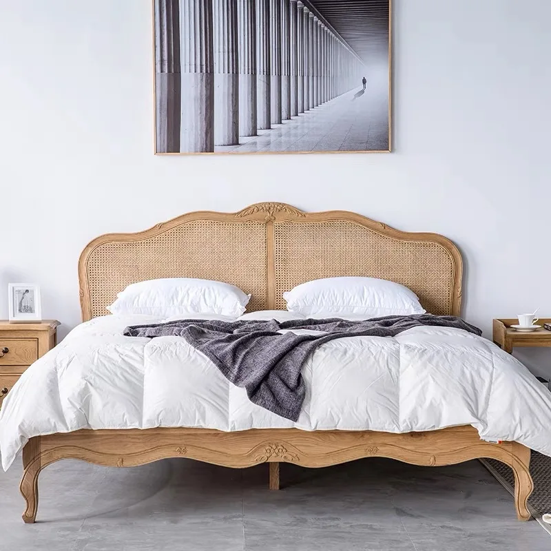 

American carved bedside rattan solid wood bed bedroom home wabi wind B & B 1.8 meters ash wood double bed
