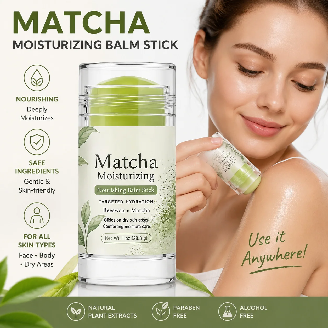 Natural Matcha Balm Stick Non-Greasy Fast Absorption. Joint Skin Care. Soothes Firming Neck and Face Cream Stick Day and Night