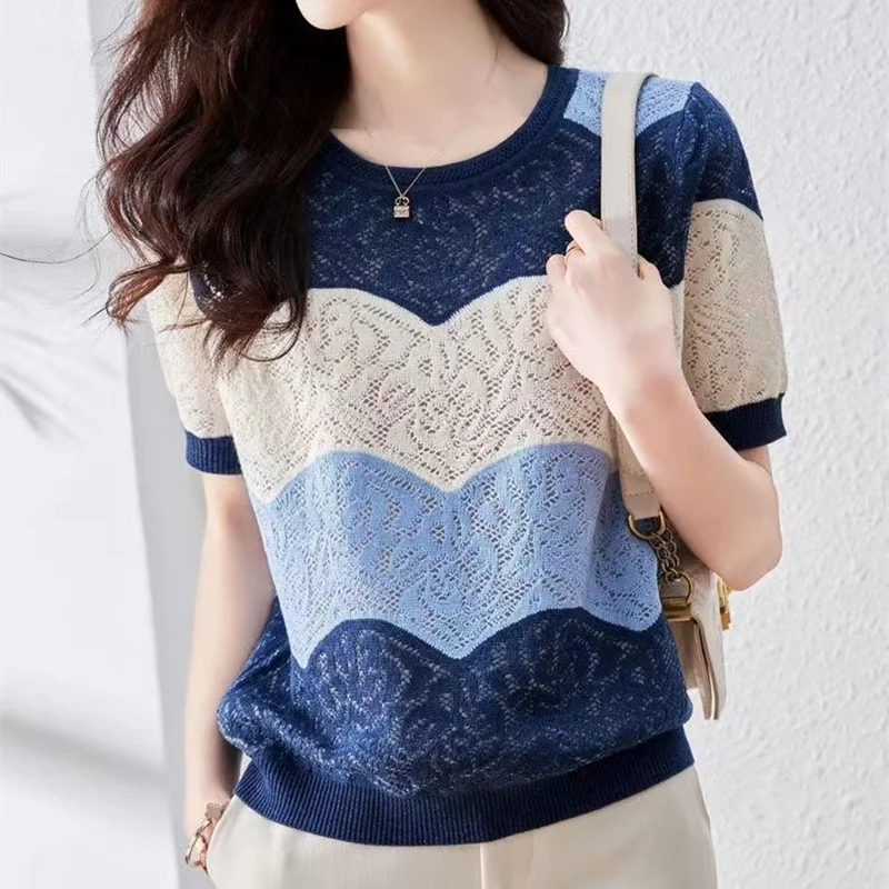 

fashionable new summer dress hollow out net gauze ice silk knit short sleeve women's round collar T shirt thin loose top