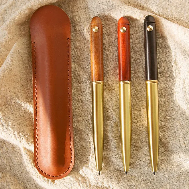 1 Set Sandalwood metal signature Ballpoint pen Brass signature pen Gift wooden pen with leather Pouch case