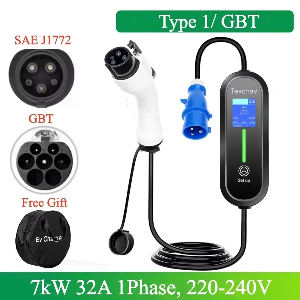 

Портативное портативное зарядное устройство для электромобилей 32 А, 7 кВт, тип 1, кабель для быстрой зарядки GBT Wallbox, домашняя зарядная станция для электромобилей