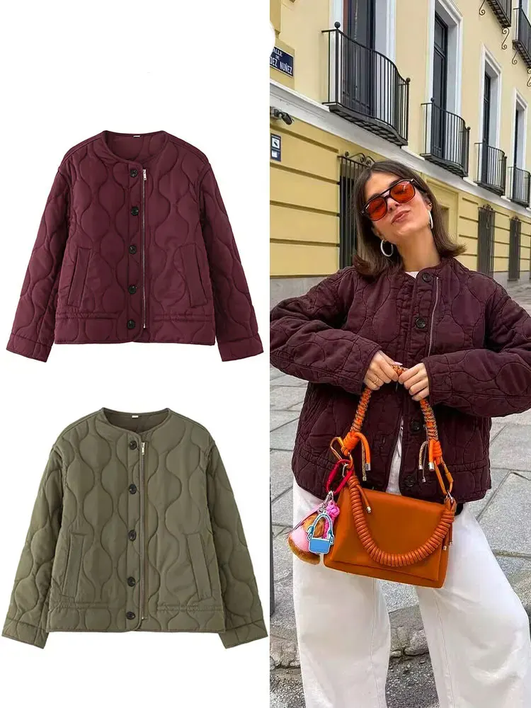 

TRAFZA 2025 новое модное женское зимнее пальто, стеганые однобортные куртки с круглым вырезом, теплые карманы, уличная женская верхняя одежда