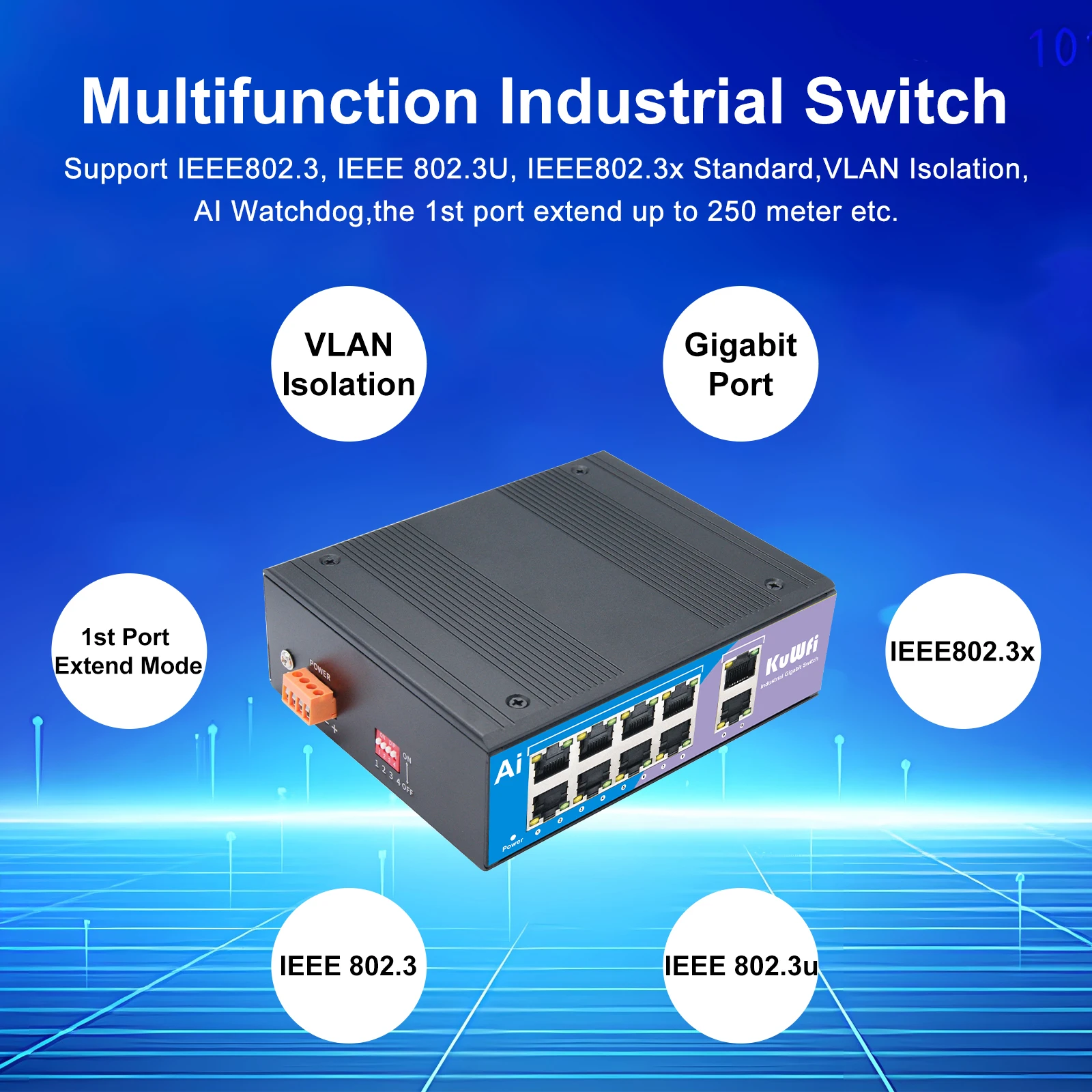 Przełącznik przemysłowy KuWFi Gigabit 6/8 portów 1000 mb/s przełącznik Ethernet wysoka wydajność z szybkim portem RJ45 koncentrator wtryskiwacz internetowy