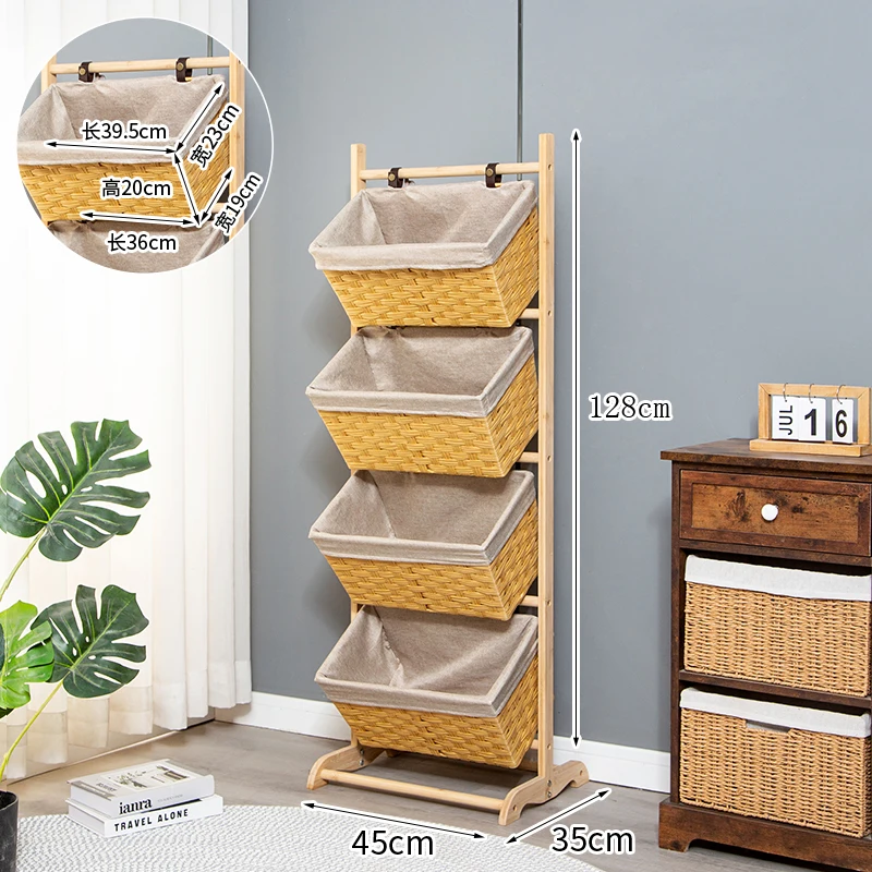 

Solid wood rack, multi-layer floor-to-ceiling widened large-capacity storage basket, living room snack toy storage rack