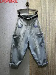 Women Jeans Loose Casual Cotton Denim Big Pocket Ankle-length Pants Rivet Design Harem Pants 2026 New Autumn Streetwear Style