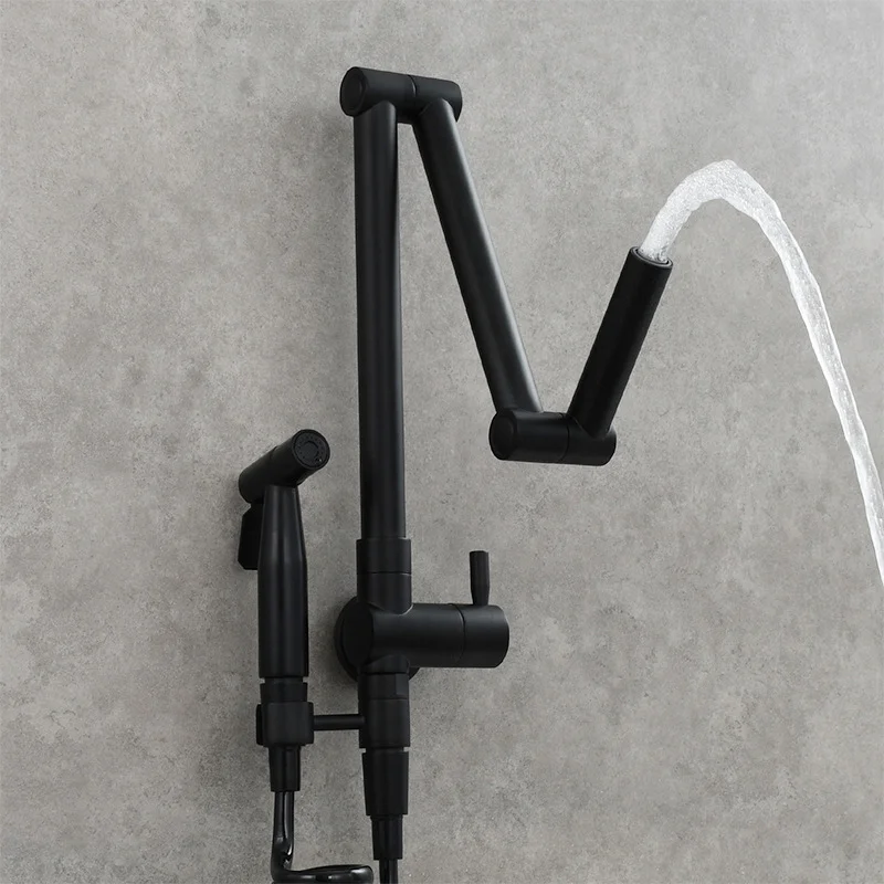 Pot Filler Faucet Wall Mount Matte Black/Chrome/Brushed Solid Brass Double Joint Swing Arm Folding Kitchen Tap with Sprinkler