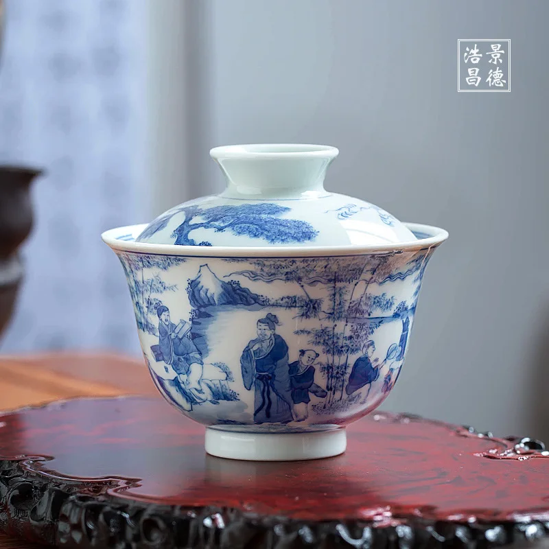 

Jingdezhen Handmade High-End Antique Blue and White Porcelain Tureen Single Hand Painted Tea Brewing Bowl Kung Fu Cup Set