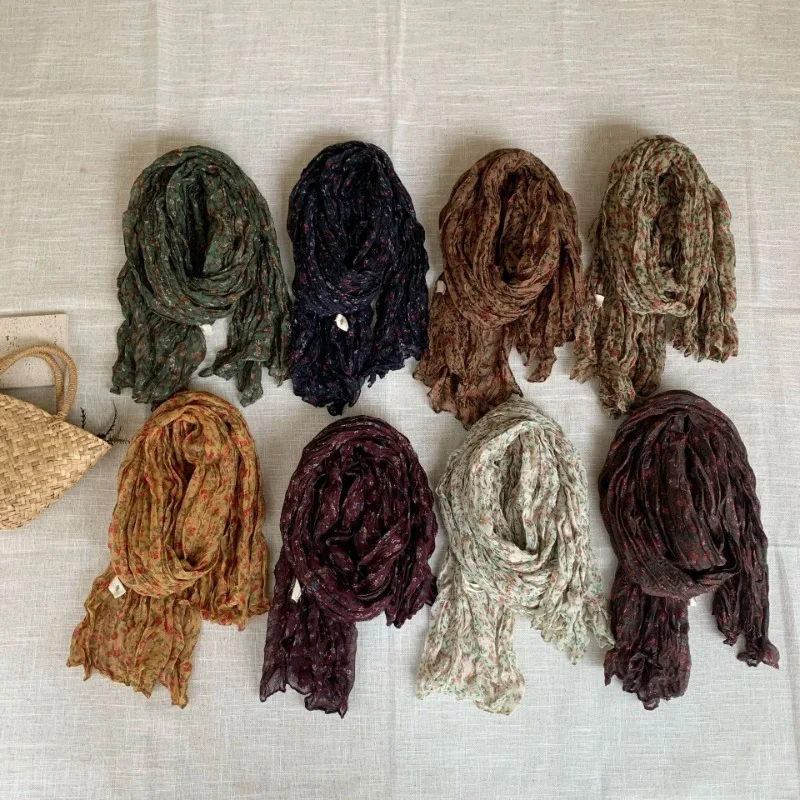 

Spring and Autumn New Crumpled Small Floral Scarf Retro Mori Pastoral Silk Shawl Fashion Trend