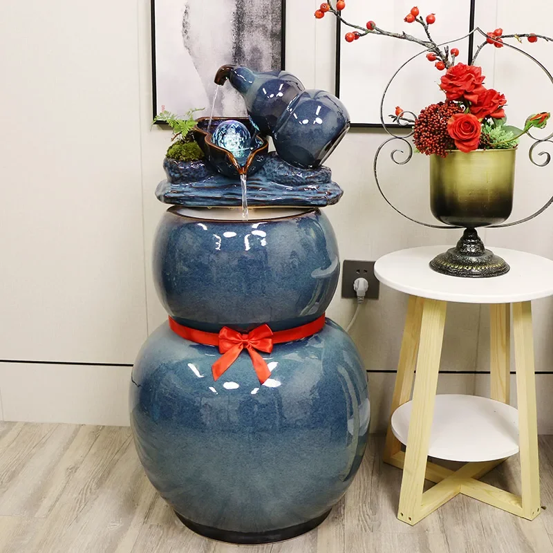 06.-Ceramic floor-to-ceiling running water fountain Modern simple gourd Home jewelry ornament Humidifier Living room decoration