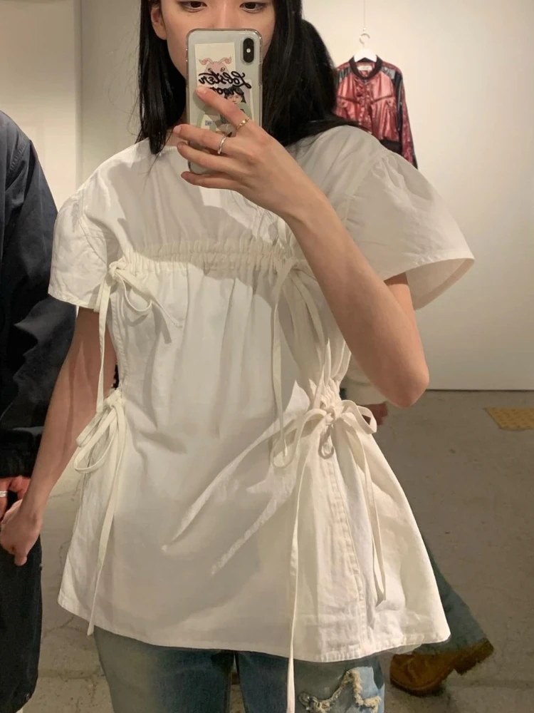 Korobov Drawstring Fold Design Tops Lace-up Doll Shirts Loose Thin Short Sleeve Blouses O Neck Korean Fashion Camisas Y Blusas