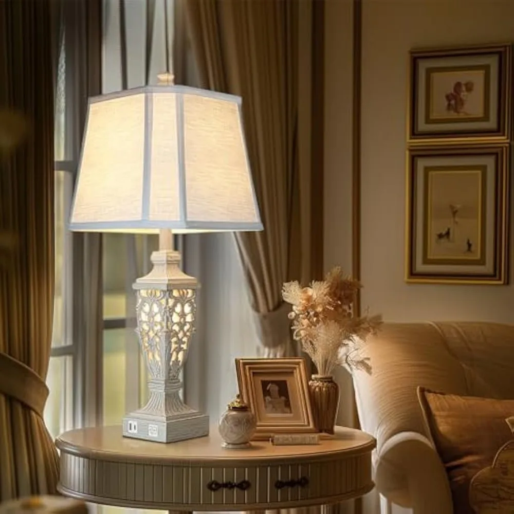 28.5" Lamps for Living Room - Table Lamps Set of 2 with Night Light,Bedside Lamp with White Linen Cut Corner Shade