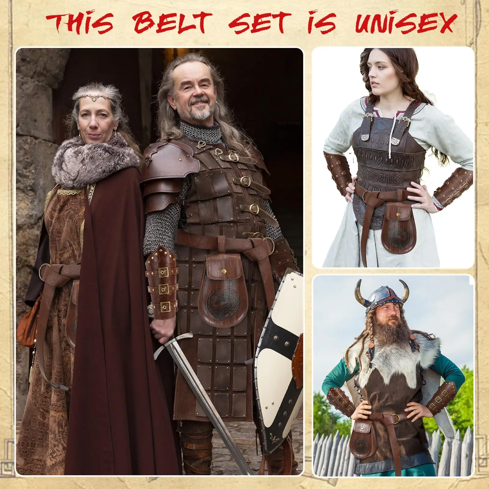 4 SZT. Renesansowe Akcesoria Średniowieczne Wikingowskie Pas Skórzane Nakładki na Ręce Torba Kostium Męski Damski na Halloween Reniferowice Cosplay Rekwizyty