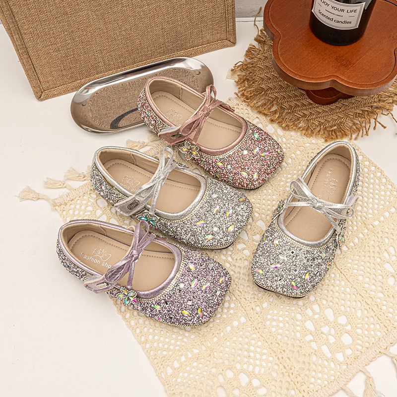 Girls Princess Shoes Shiny Sequins Kids Flat Shoes Simple Bows Square Toes 2026 Brand New Children Leather Shoes Non-slip