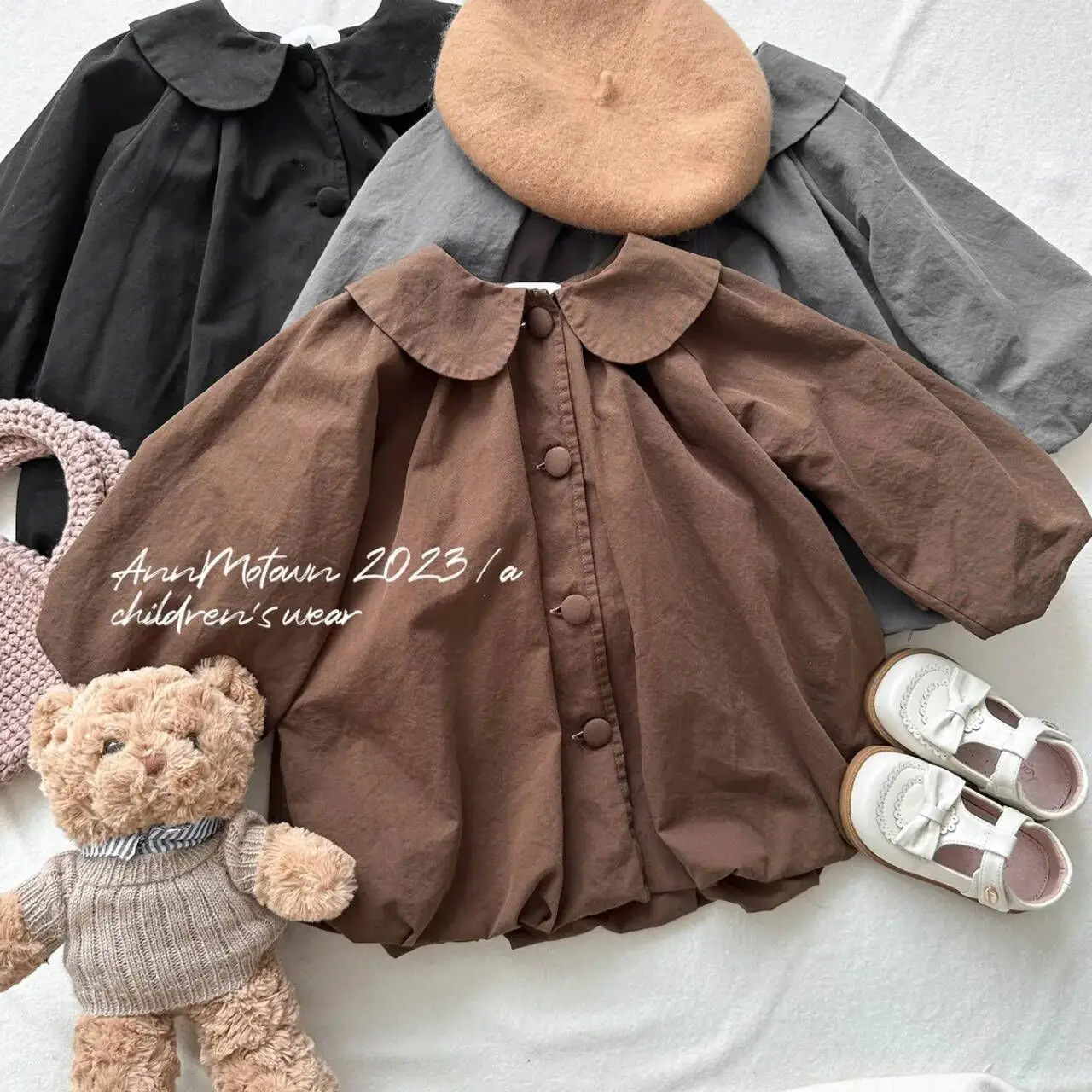 Korean Style Autumn Baby Girls Coats Solid Color Turndown Collar Trench Single Breasted Cardigans Outwears Kids Tops Tees