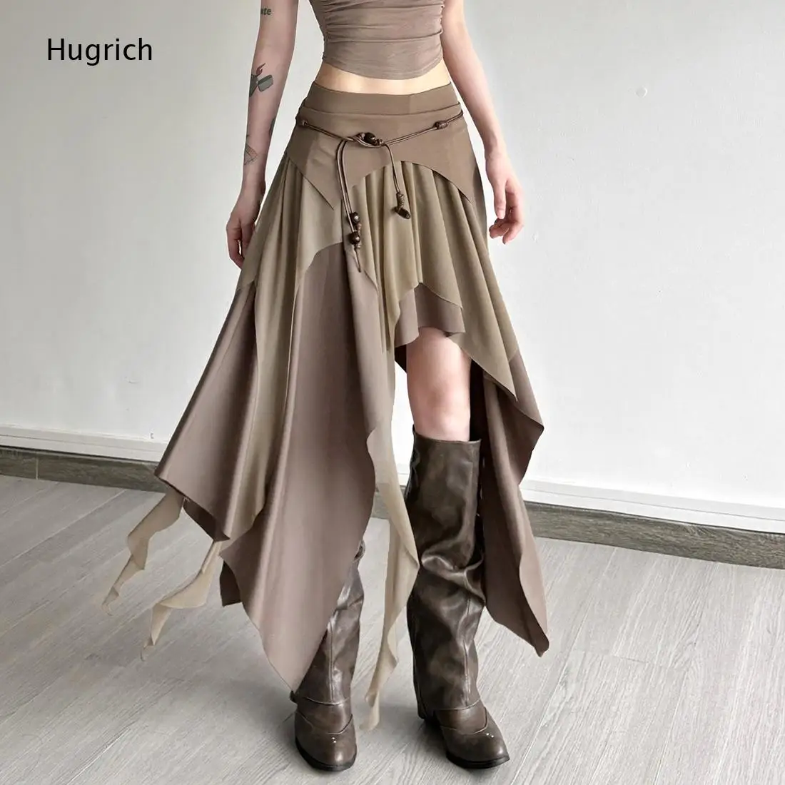 Color Block Patchwork Irregular Skirt Wooden Bead Drawstring High Low Asymmetric Maxi Skirt Vintage Layered Wrap Skirt for Women
