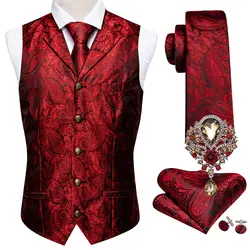 5PCS Classic Red Mens Wedding Suit Vest Paisley Jacquard Folral Silk Waistcoat Tie Luxurious Brooches Vest Set Barry.Wang Groom