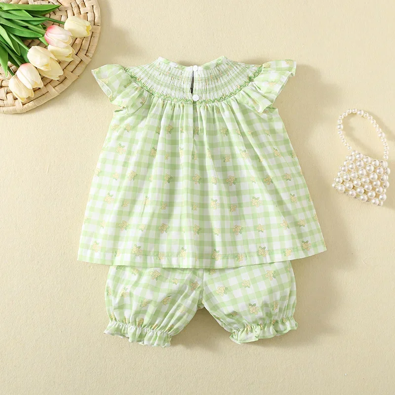 2024 Kids Girls' Summer New Korean Style Suit Children Outfits Cute Panda Embroidered Green Plaid Two-Piece Set for Baby Clothes