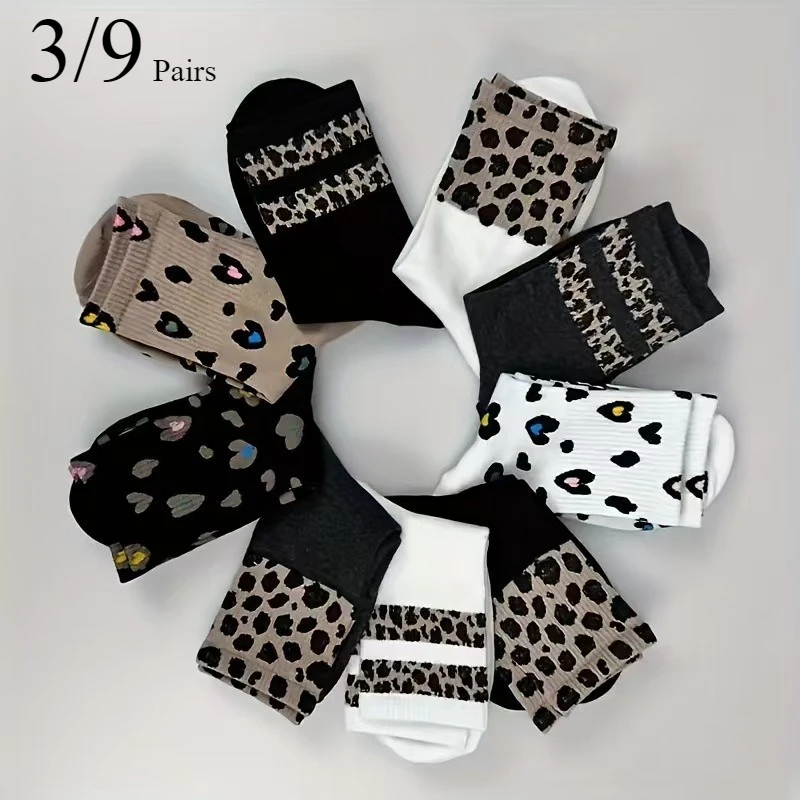 3/9 Pairs female Fashionable Leopard Print Mid Tube Socks Soft Comfortable All Seasons Odor Proof Sweat Absorbing Casual Socks