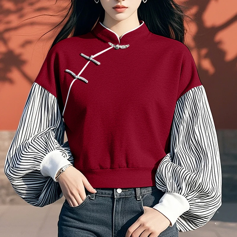 

Осенние толстовки 202, женские повседневные свободные полосатые лоскутные пуловеры, толстовки с длинными рукавами, блузка с цветными блоками и воротником-стойкой VONDA