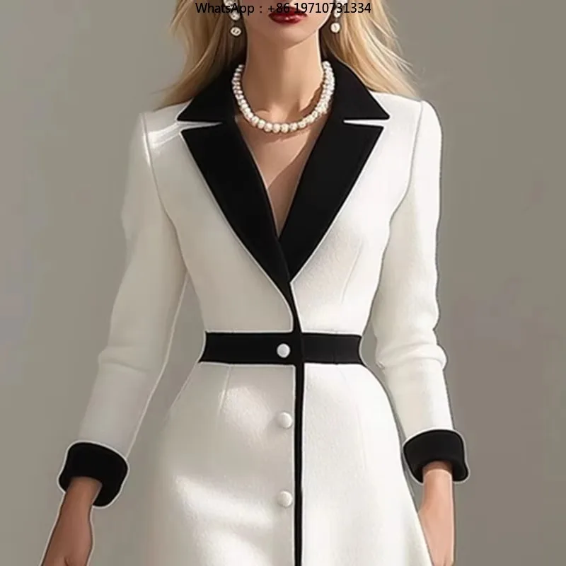 French Color Block Notched Collar Blazer Dresses Woman Button Decoration A-Line Office Dress Fall 3/4 Sleeve Elegant Party Dress